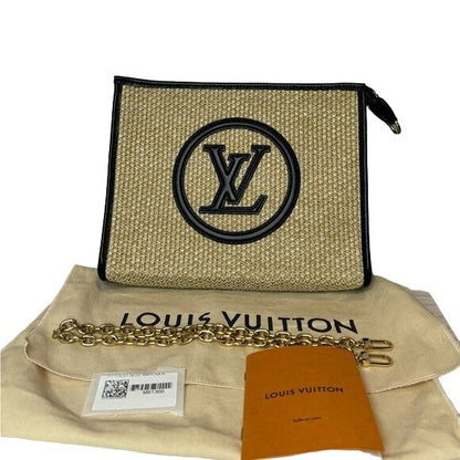 RARE Pre-loved Louis Vuitton Large Raffia Toiletry Bag on Chain in Black Leather