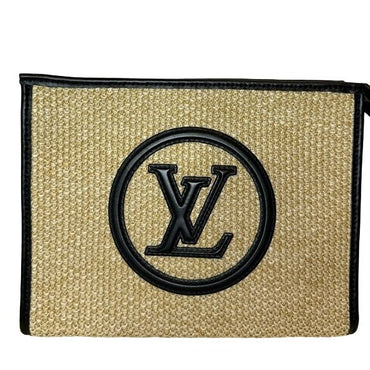 RARE Pre-loved Louis Vuitton Large Raffia Toiletry Bag on Chain in Black Leather